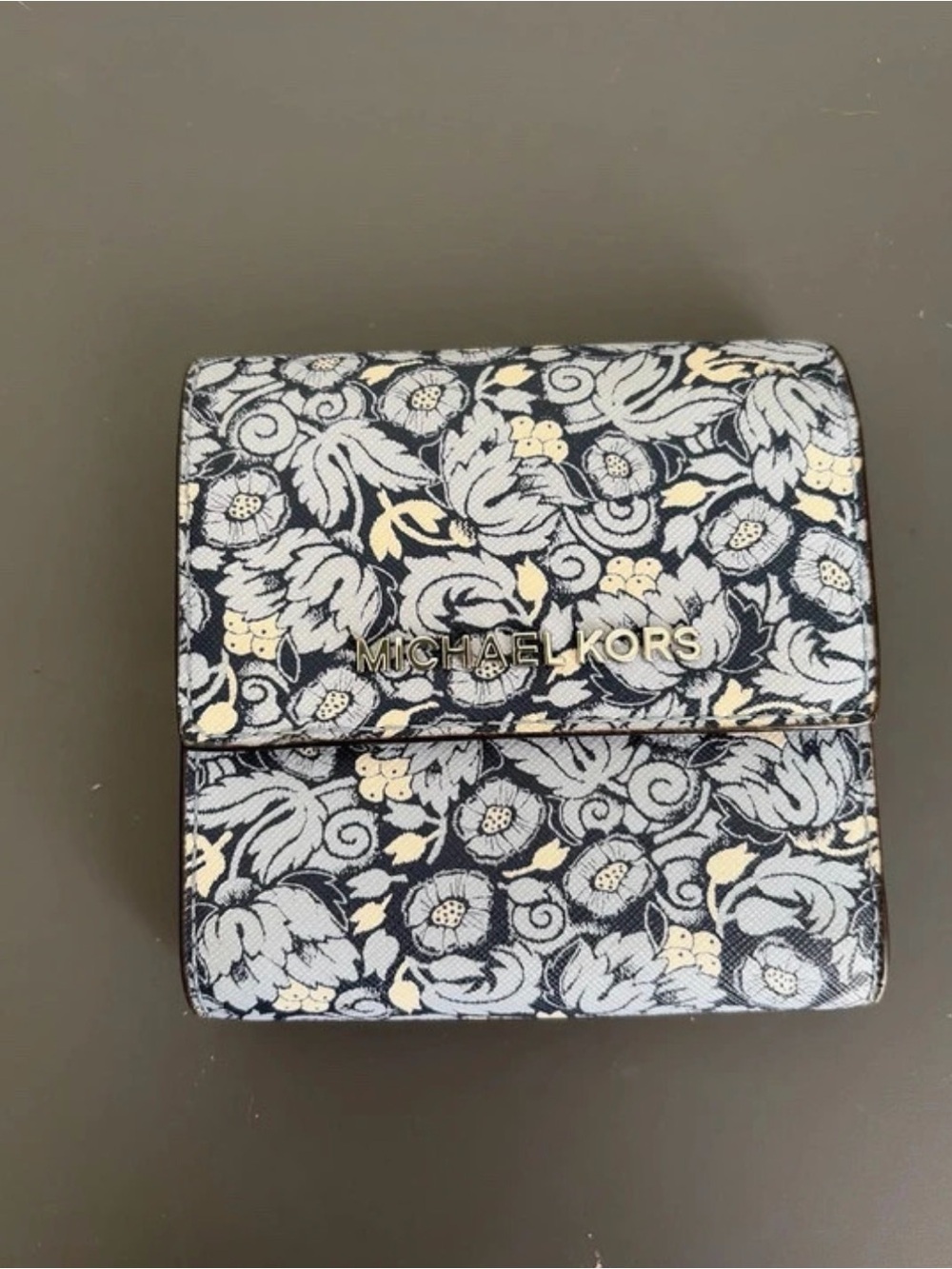Michael Kors Navy Floral Compact Wallet with Silver Logo